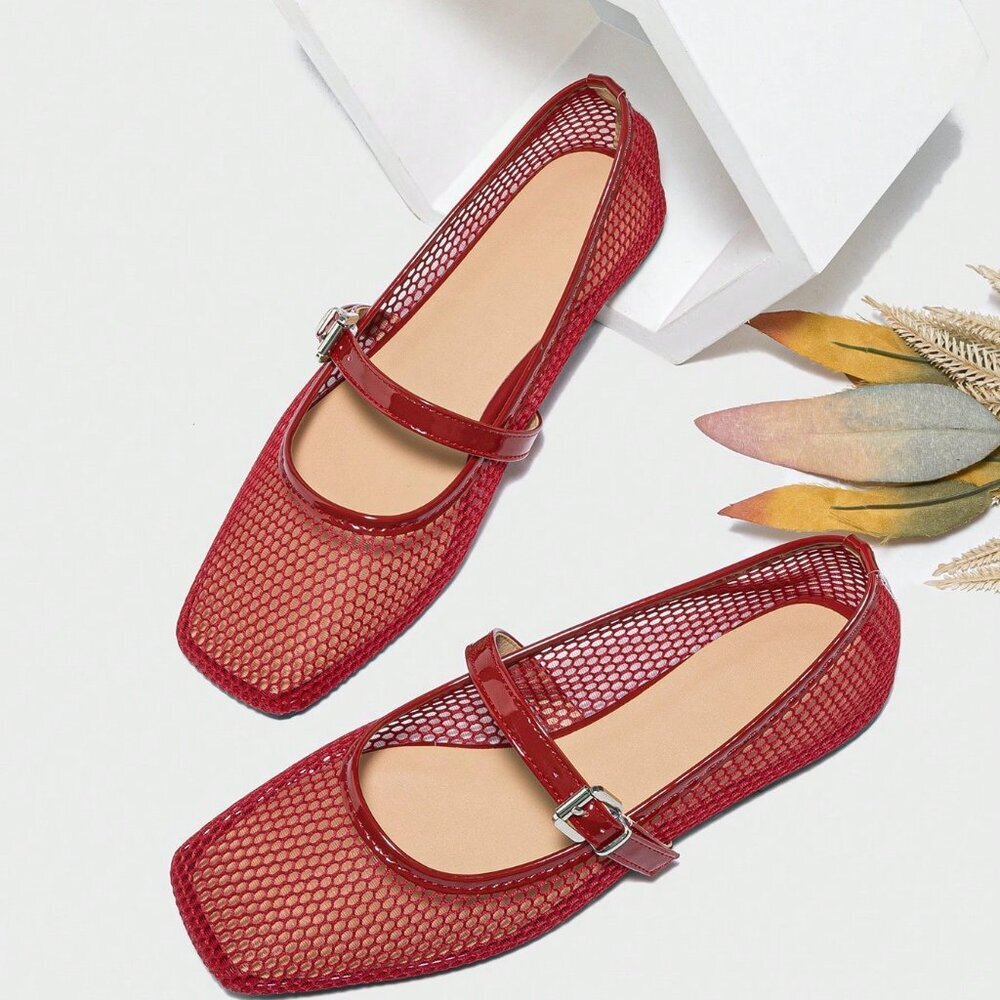 Red Fashionable Women's Ballet Flats Spring Square Toe Flat Shoes